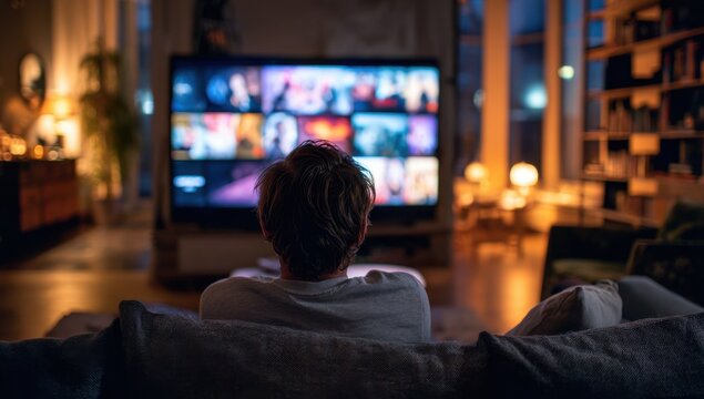 a person is sitting on the couch, watching tv at home with their back to the camera, enjoying the movie playing in front of them