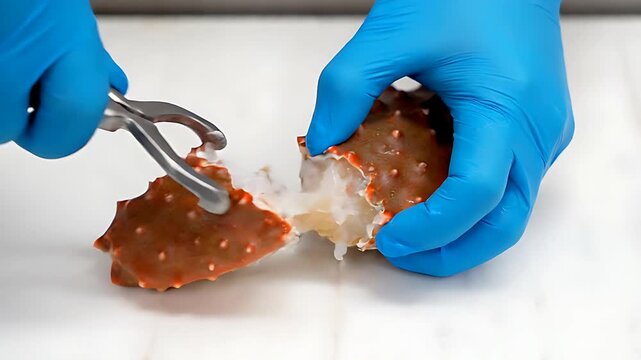 Chef wearing bright blue nitrile gloves skillfully uses small pliers to crack open a reddish-brown spiky king crab shell segment for extracting delicious seafood meat preparation.