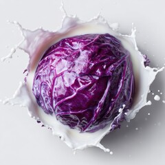 Obraz premium Vibrant Red Cabbage Splash Dynamic Liquid Dairy Explosion White Background Isolated Studio Shot