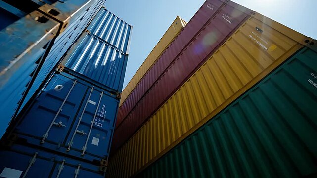 Stacked industrial shipping containers in vibrant blue, yellow, red, and green colors tower against the bright, sunlit sky