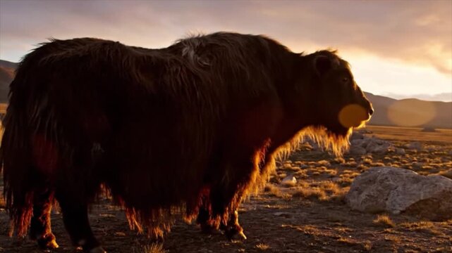 Majestic long-haired yak grazing in a vast, arid mountain landscape during a beautiful golden sunset, showcasing its impressive silhouette against the dramatic sky