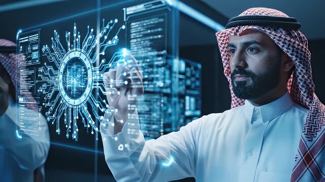 Arab Scientist Working with Advanced Digital Technology in Laboratory.