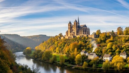 Castle on a hill overlooking river.