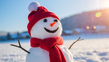 Smiling Snowman in Winter Landscape