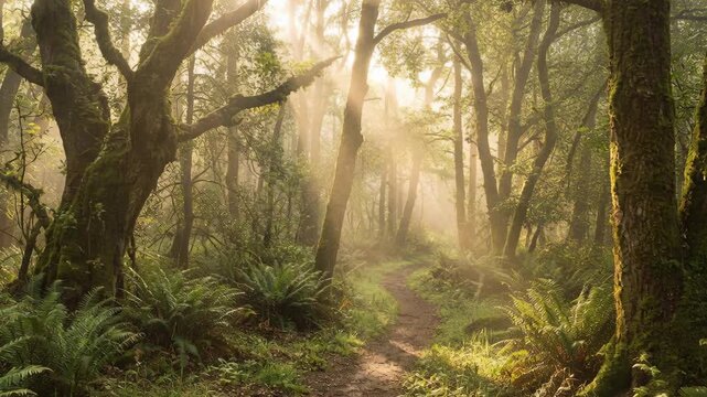 Sunlight Streams Through Lush Green Forest Canopy Illuminating a Winding Forest Path with Ferns and Moss Covered Trees