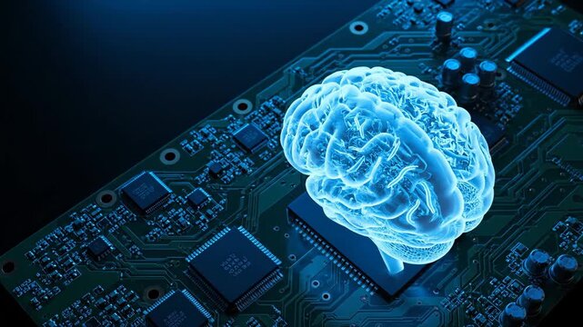 AI Brain Model on Circuit Board - An illuminated, translucent brain model rests on a circuit board, symbolizing artificial intelligence and computing.