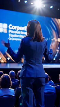 Businesswoman speaking at corporate conference in modern auditorium