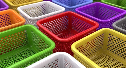 A shallow depth of field captures colorful plastic baskets arranged tightly