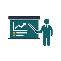 Icon of a presenter pointing a stick at a chart on a dark teal whiteboard