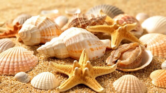 Seashells and Starfish Beach Decor - A beautiful arrangement of various seashells and starfish rests on a sandy surface. The composition creates a relaxing and decorative beach theme.
