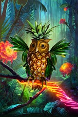 Obraz premium Pineapple Owl Guardian – A Surreal Neon Jungle Sentinel
