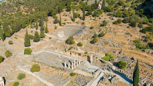 Delphi, Greece. Ruins of the ancient city of Delphi. Sunny weather in the morning, Summer. Drone footage, Point of interest