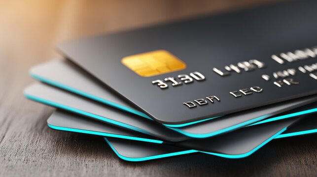 Stack of credit cards showing microchips and glowing edges on a wooden surface