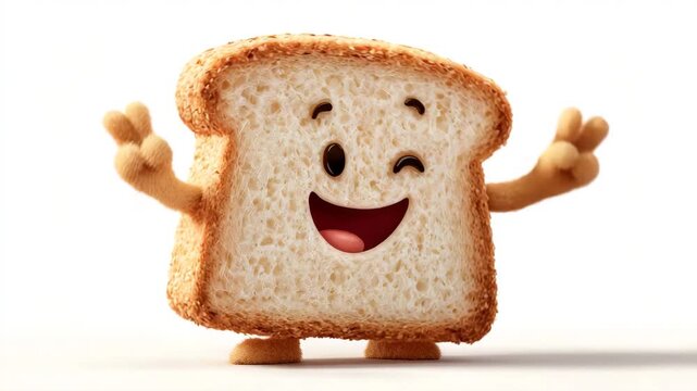 A cheerful slice of bread with a face and arms isolated on white background