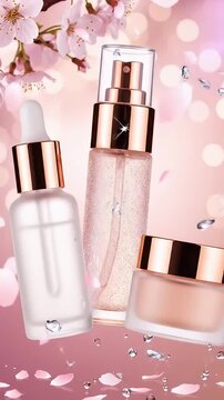 Luxury skincare products with cherry blossoms on pink background