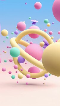 Colorful abstract 3D spheres floating in pastel gradient background