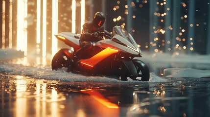 Futuristic motorcycle in a flooded area