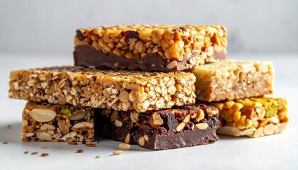 Neatly arranged energy snack bars with various flavors and textures, stacked in an organized and appealing way. The bars should be visually distinct, showcasing ingredients like oats, nuts, chocolate