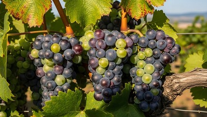 Fototapeta premium Clusters of ripe purple grapes hanging.