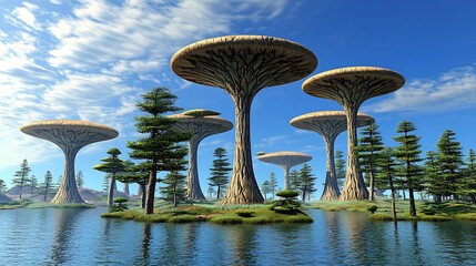 Futuristic mushroom structures on island lake