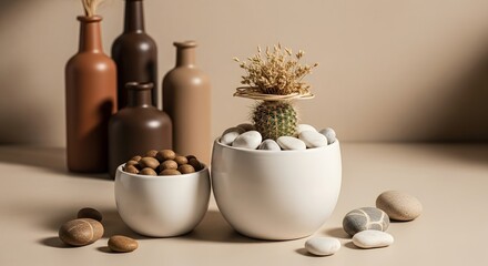 Still life with potted cactus and decorative bottles on a table