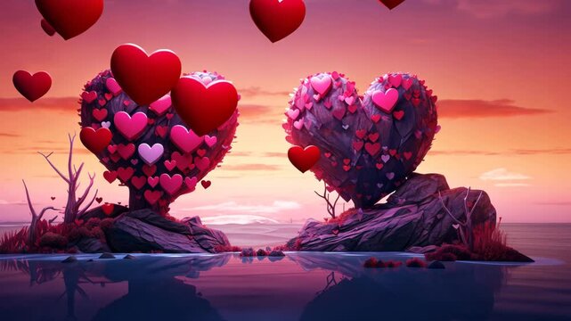 Valentine Day greeting card with surreal romantic landscape full of hearts