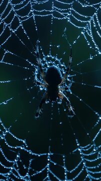 Close-up of spider on dewy web in natural setting