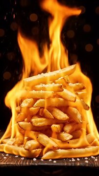 Pile of French fries on fire with dramatic flames