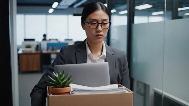 Sad businesswoman holding cardboard box with office supplies in modern office
