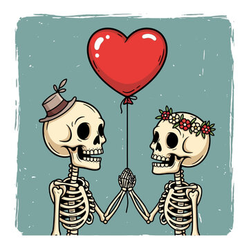 A romantic skeleton couple holds a heart-shaped balloon, celebrating love with a whimsical, artistic touch