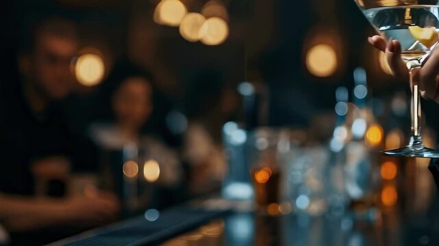 hand holding martini glass at bar - elegant patron raising toast with olive garnish - blurred crowd and warm bokeh lighting - cinematic moody atmosphere for intimate evening celebration