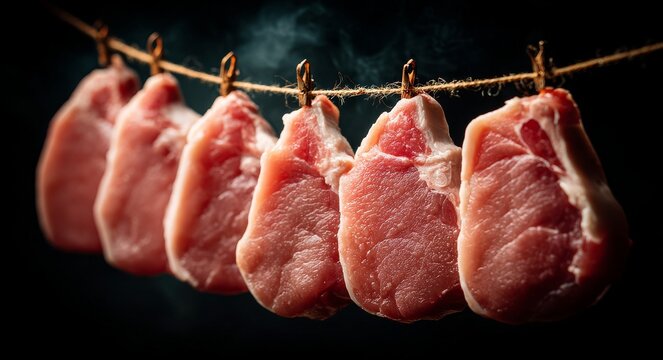 In a dimly illuminated meat locker, beef cuts are hung on metal hooks for butchery scenes