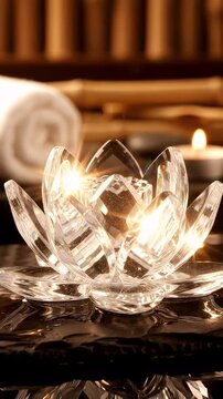 Crystal lotus candle holder with glowing candles in a spa setting