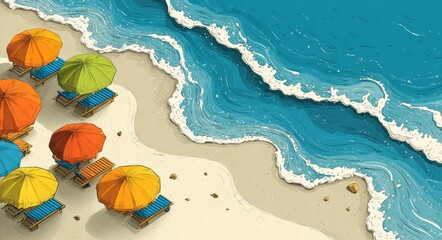 Bird's-eye view of bright beach umbrellas and the coast featuring turquoise water