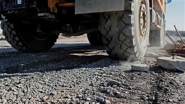 close-up truck tire crushing gravel at site showing thick tread kicking up dust - excavator visible in distance - rugged sunlight highlighting heavy machinery movement - operator presence