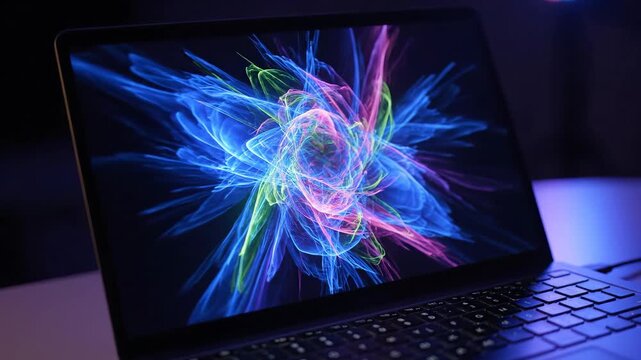 Colorful Abstract Digital Art on Laptop Screen - A close-up shot of a laptop displaying a vibrant, colorful abstract digital art design.