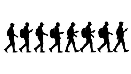 Obraz premium Silhouettes of people walking with backpacks.