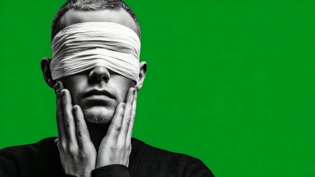 Man with bandaged eyes and hands on face against green background
