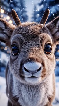 Close-up of a Cute Baby Reindeer in a Snowy Winter Forest