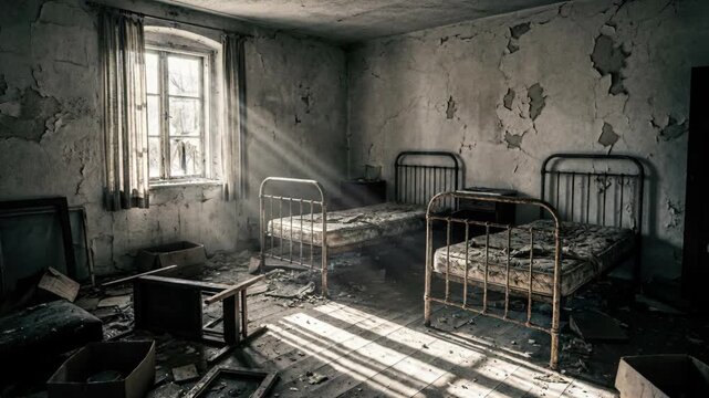 Abandoned Asylum Room With Two Rusty Metal Beds And Peeling Walls Illuminated By Sunbeams Through A Dusty Window