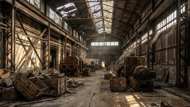 Abandoned Industrial Warehouse Interior With Sunlight Rays Streaming Through Damaged Roof Onto Old Machinery And Debris