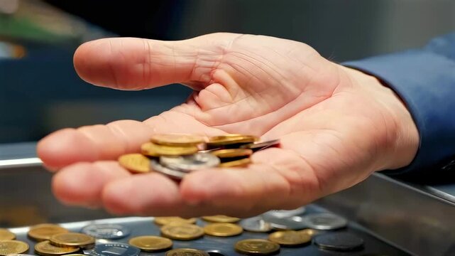caucasian hand counting coins on tray closeup of cashier sorting mixed gold and silver coins - Close-up of hand collecting coins from payout tray - coins sliding between fingers