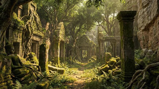 Ancient Jungle Ruins With Overgrown Trees And Moss Covered Stone Statues Illuminated By Golden Sunlight