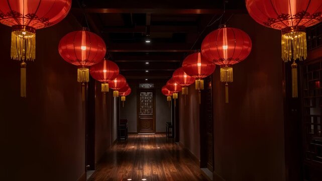Traditional Chinese corridor decorated with rows of red lanterns
