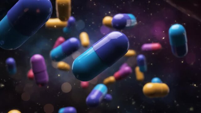 Colorful Capsules Floating in Abstract Space - This video showcases a collection of colorful capsules floating against a dark, abstract background.