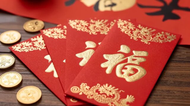 Red envelopes with gold Fu character and coins