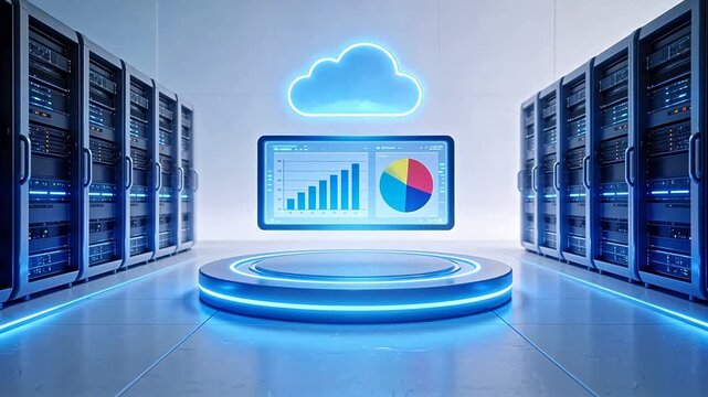 server room with cloud and data display