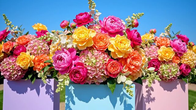 Colorful floral display with pastel podiums - A vibrant display of colorful flowers arranged atop three pastel colored podiums against a bright blue sky.