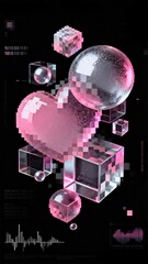 Fototapeta premium Valentine's Day Romantic Ad Poster, featuring heart, rose, cyber cubes sphere love decorations