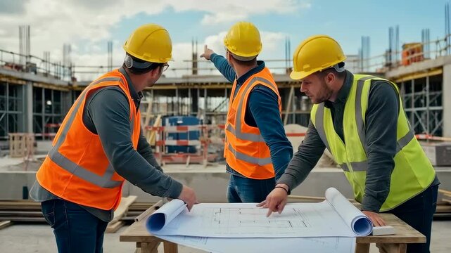 Personnel analyze blueprint details during active project phase - Construction crew members scrutinize technical drawings while coordinating safety practices and project timeline
